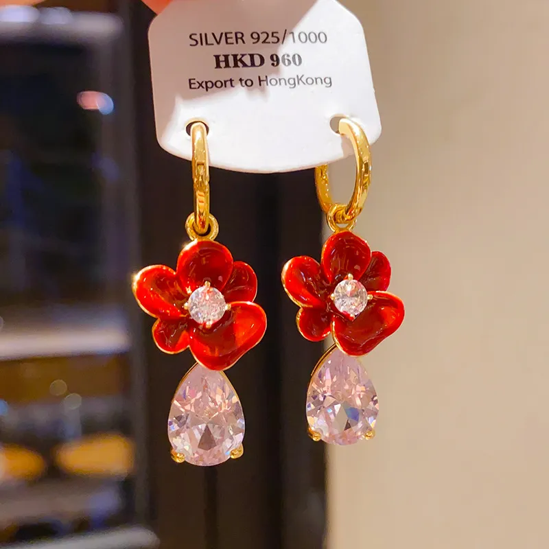 Bông tai HOA ĐỎ giọt nước ĐÁ cao cấp, phụ kiện bông tai đi tiệc độ đáo B3248