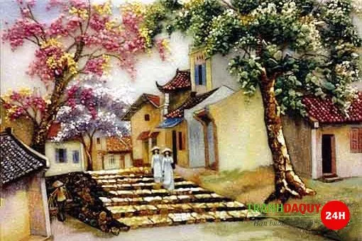 Tranh đá quý tái hiện khung cảnh phố cổ Hà Nội với những mái ngói cong, hàng cây xanh và con đường lát đá