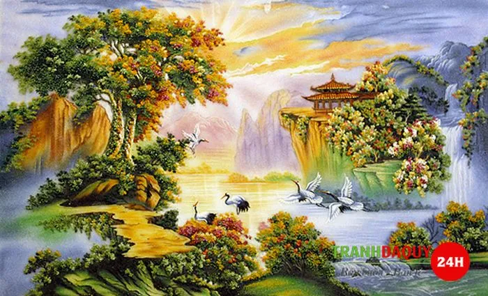 Tranh phong cảnh núi non với sắc xanh ngọc lam chuyển dần sang xanh đậm