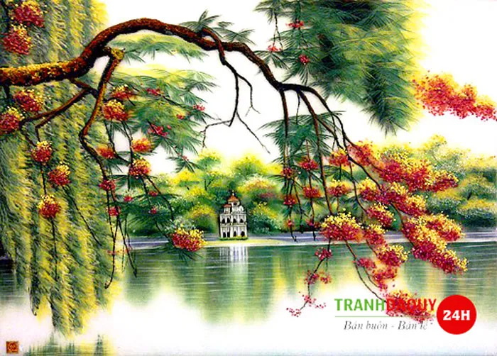 Tranh đá quý khắc họa hình ảnh Hồ Gươm với Tháp Rùa nổi bật giữa mặt nước trong xanh