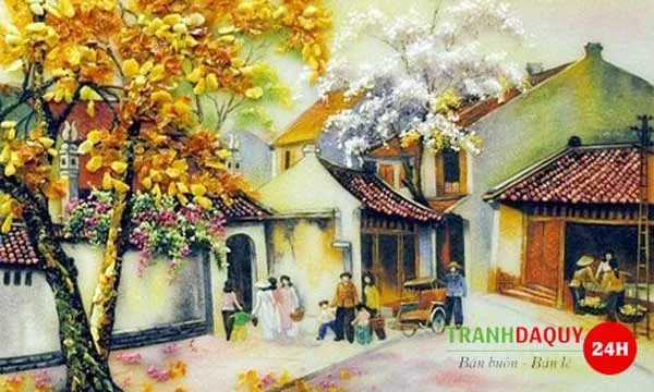 Tranh đá quý tái hiện góc phố cổ Hà Nội với những ngôi nhà ống đặc trưng và hàng cây xanh mát