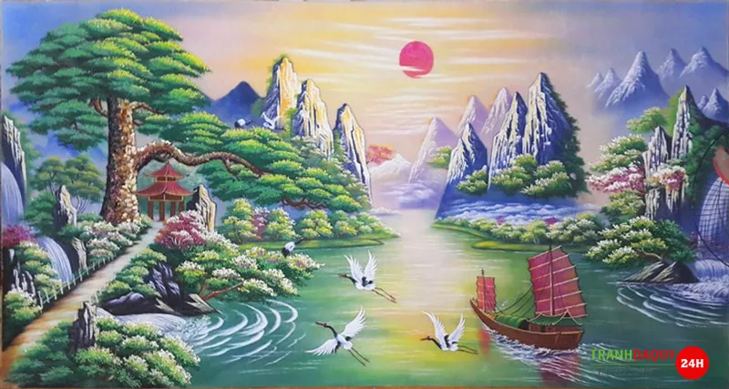 Tranh đá quý tùng đón khách với thiết kế trang nhã