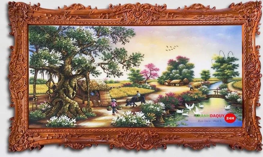 Tranh đá quý cây đa bên nước với không gian thiên nhiên yên bình