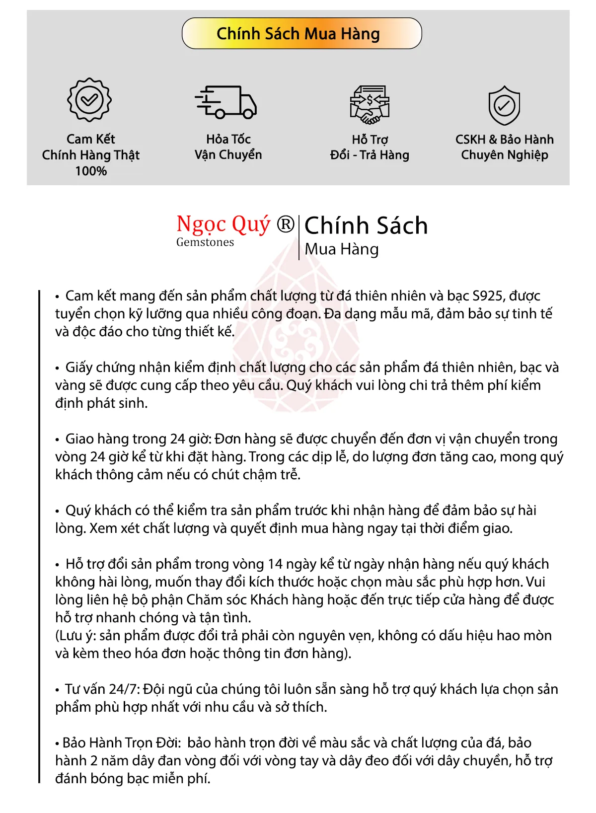 Chính sách mua hàng và bảo hành tại Hoàn Nguyên Jewelry