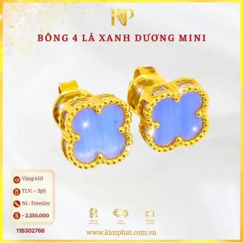 Bông tai 4 lá xanh dương vàng 610 phong cách hiện đại