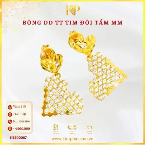 Bông tai tòn ten tim tấm vàng 610 với thiết kế hiện đại