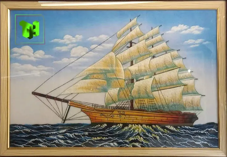 Tranh đá quý thuận buồm xuôi gió với thuyền căng buồm trên biển xanh