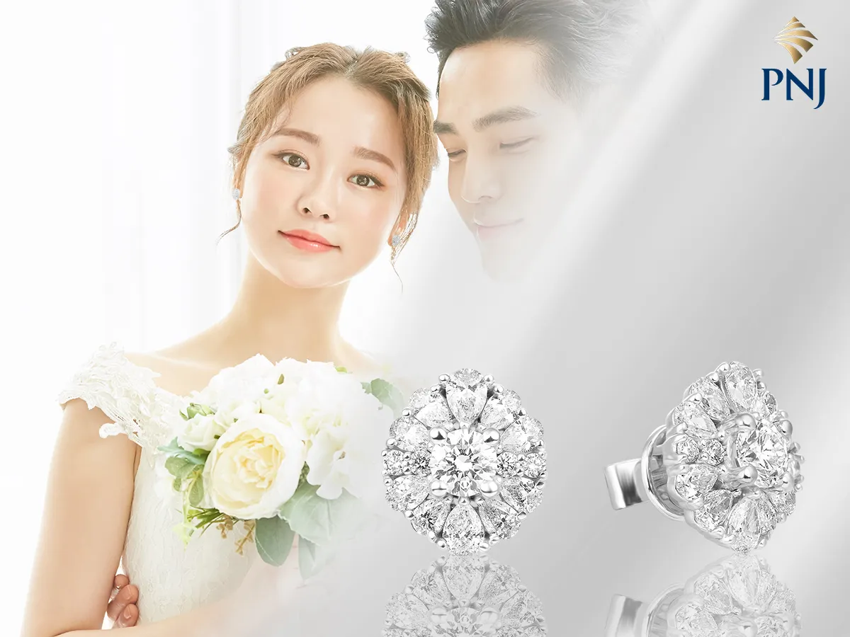 Bông tai tròn vàng trắng đính đá cho cô dâu mặt vuông