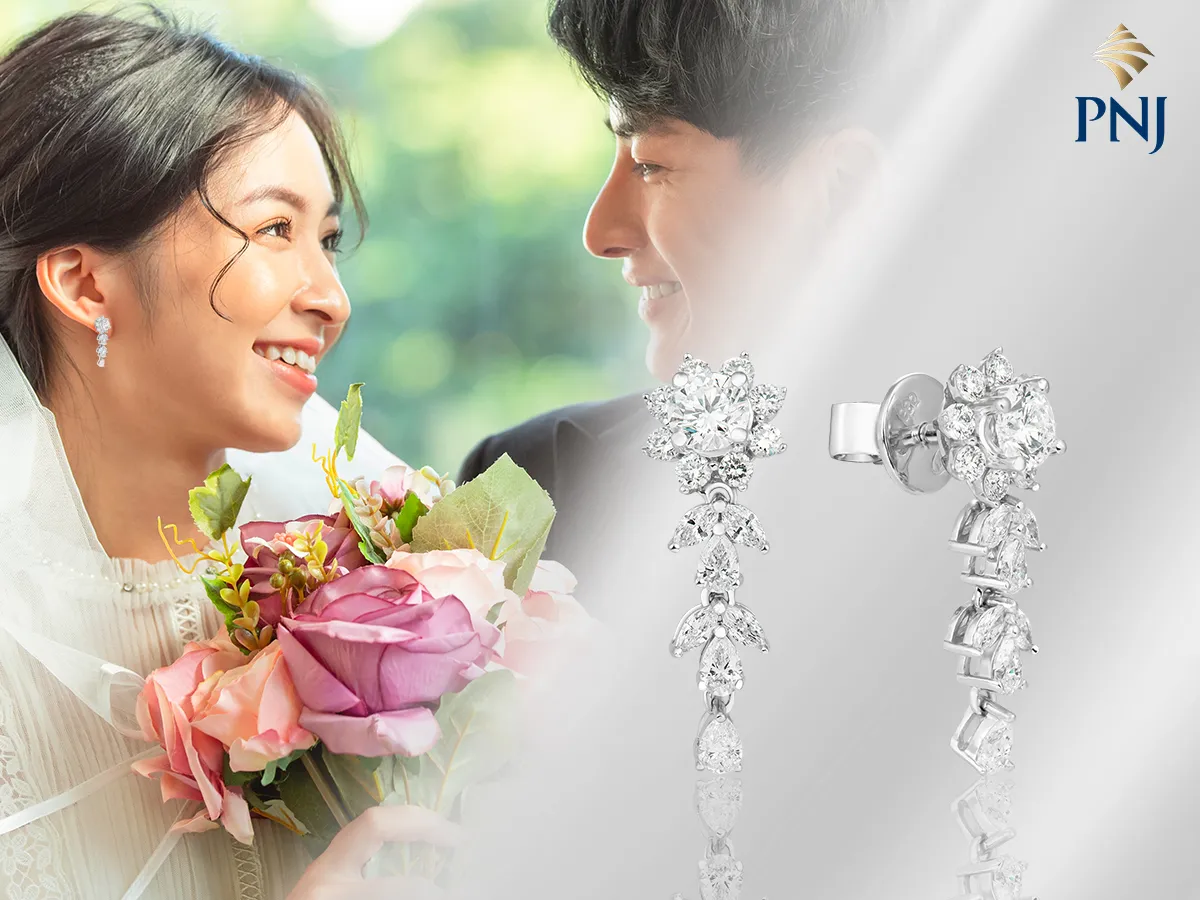 Bông tai đèn chùm kim cương cho cô dâu mặt trái tim