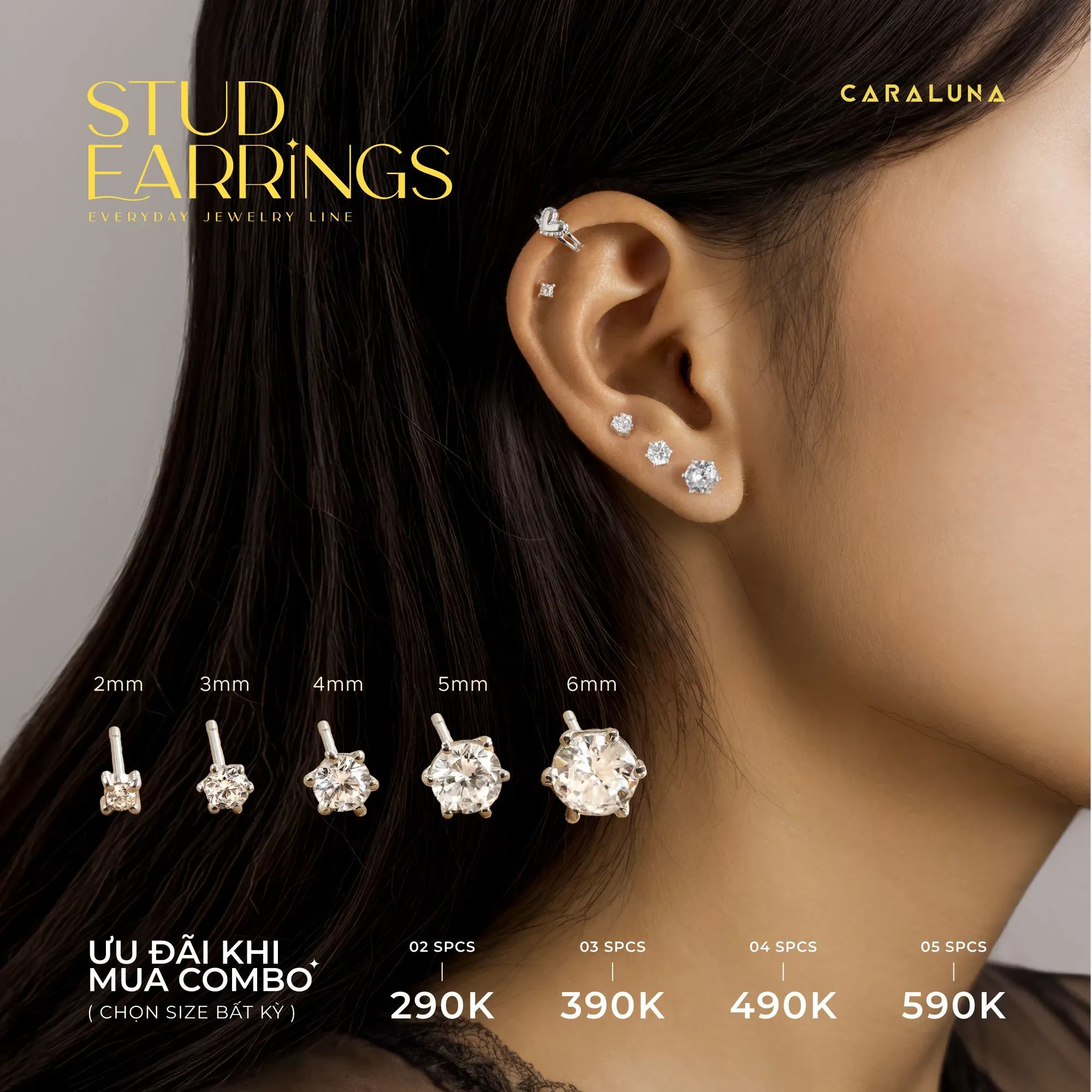 Set bông tai nụ bạc đính đá với thiết kế tối giản sang trọng