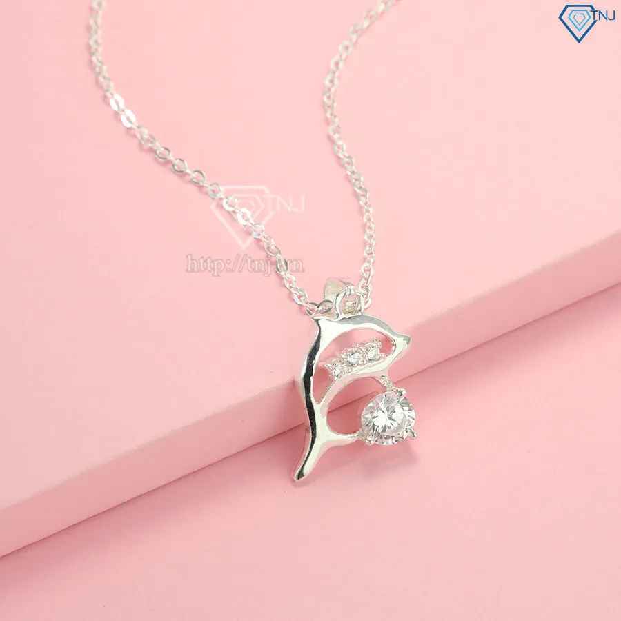 Chi tiết mặt dây chuyền hình cá heo bằng bạc 925 với đá nhân tạo