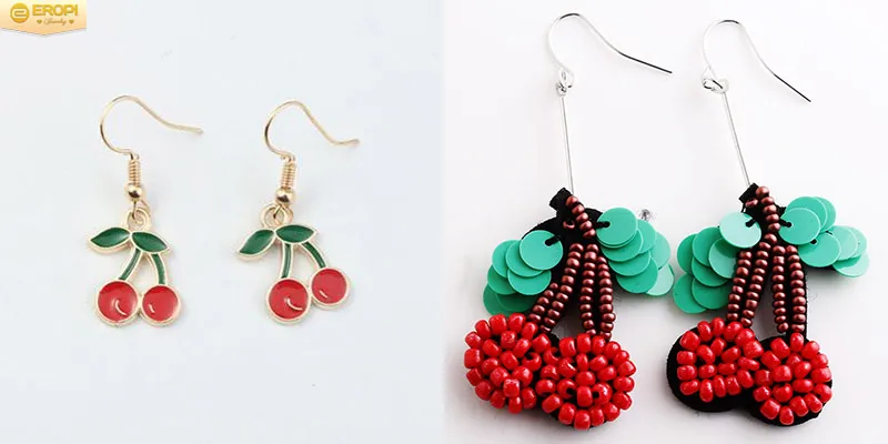 Bông tai cherry với đôi trái đỏ và cuống xanh