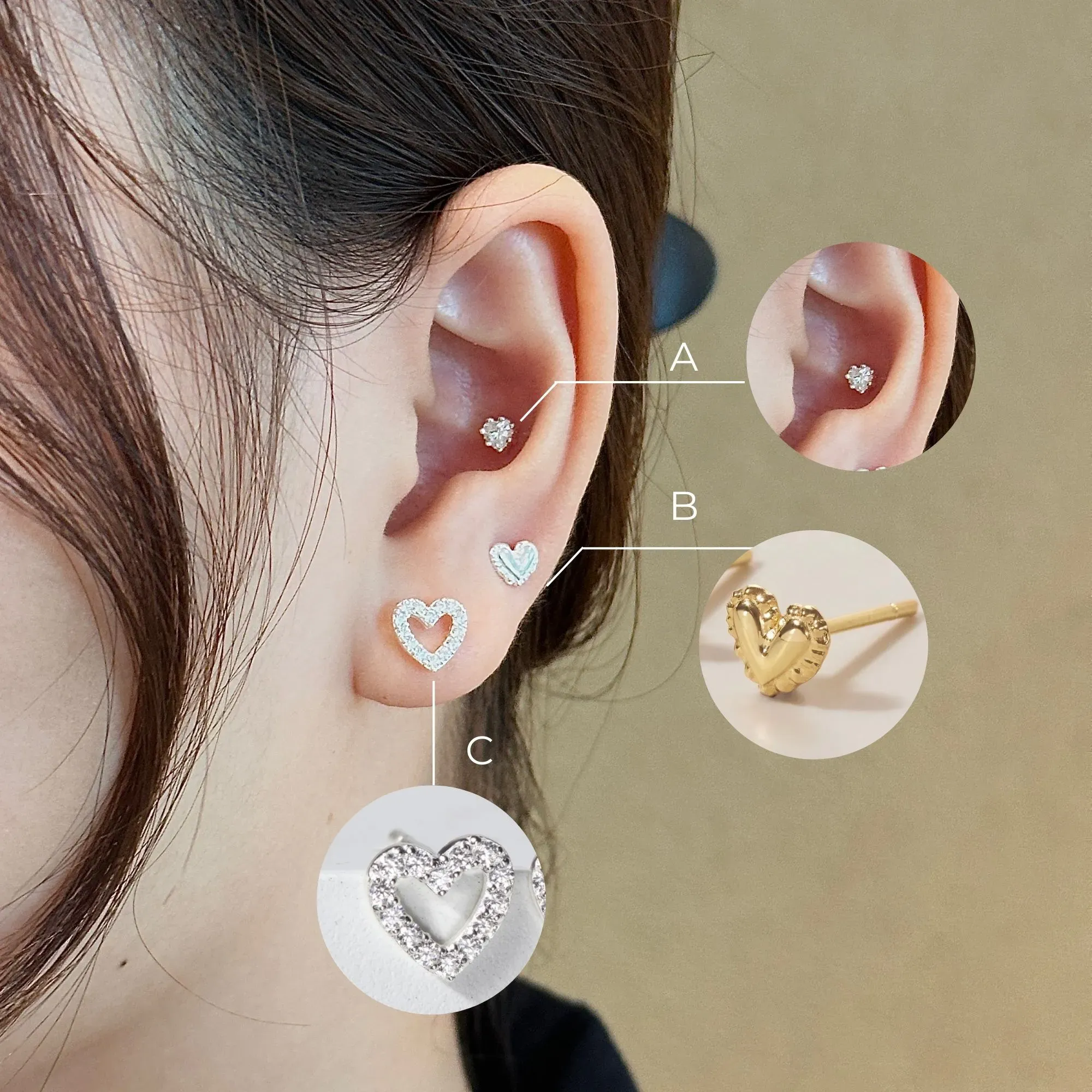 Set bông tai nụ hình trái tim với thiết kế stack độc đáo