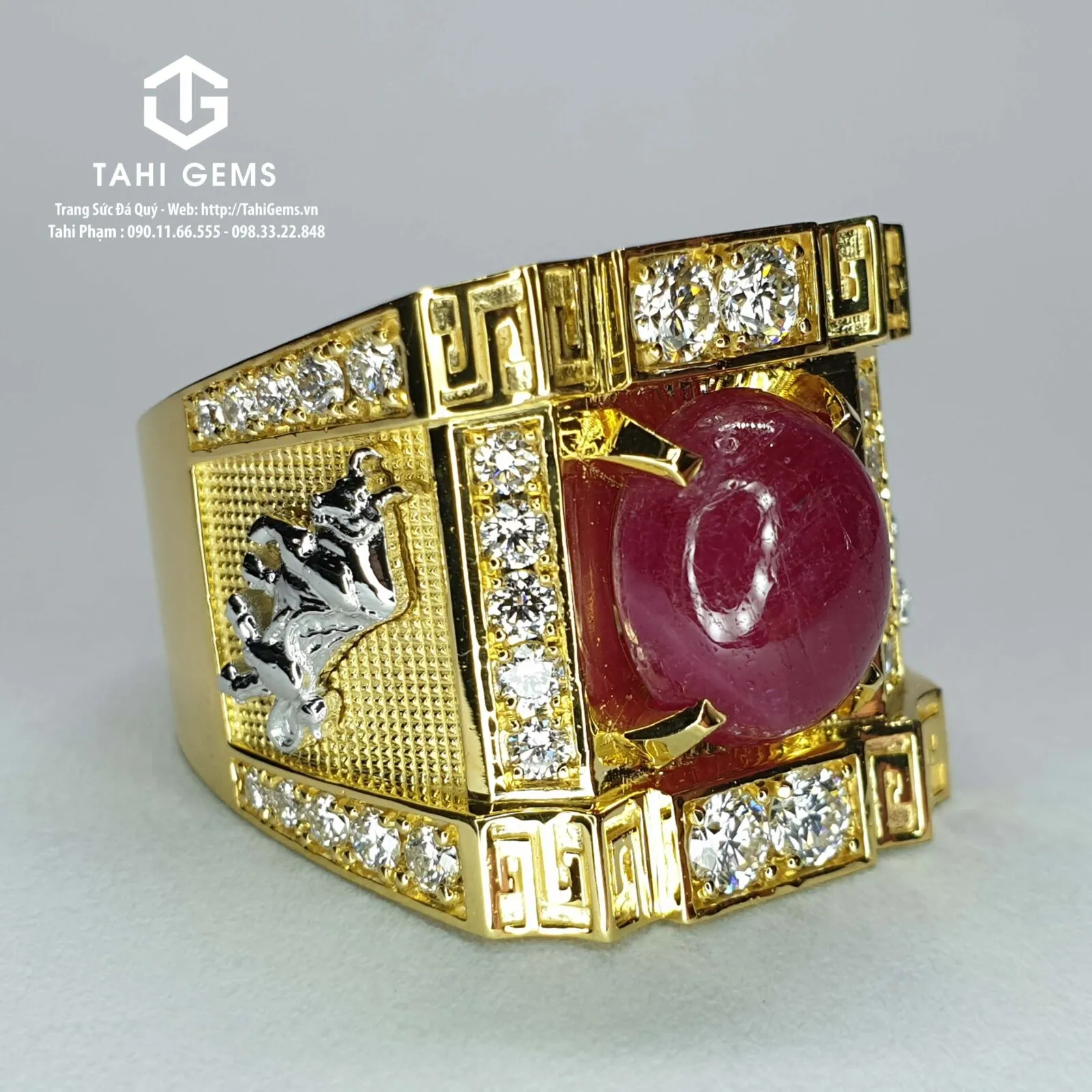 Nhẫn nam kim ngưu đá quý ruby mix kim cương