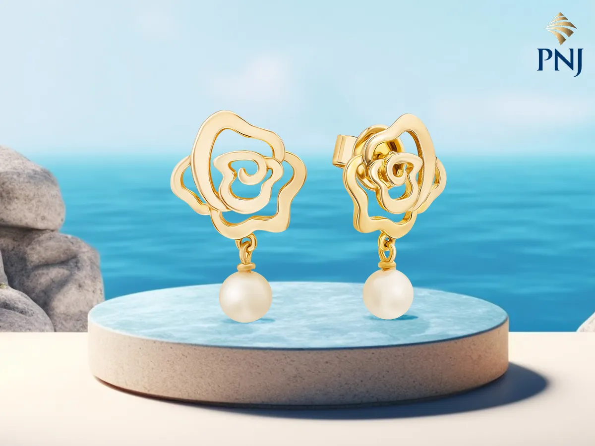 Bông tai vàng 14K hình hoa hồng đính ngọc trai Freshwater