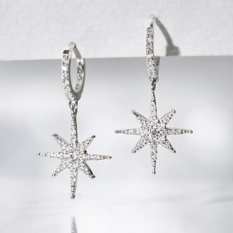Hoa tai bạc 925 dáng thả sao đính đá với thiết kế tinh xảo
